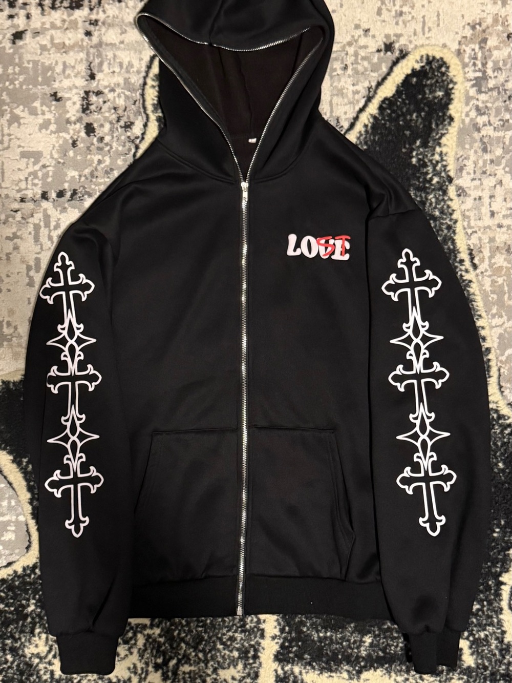 Men's Black Zip Hoodie Jacket with White Sleeve Cross Prints